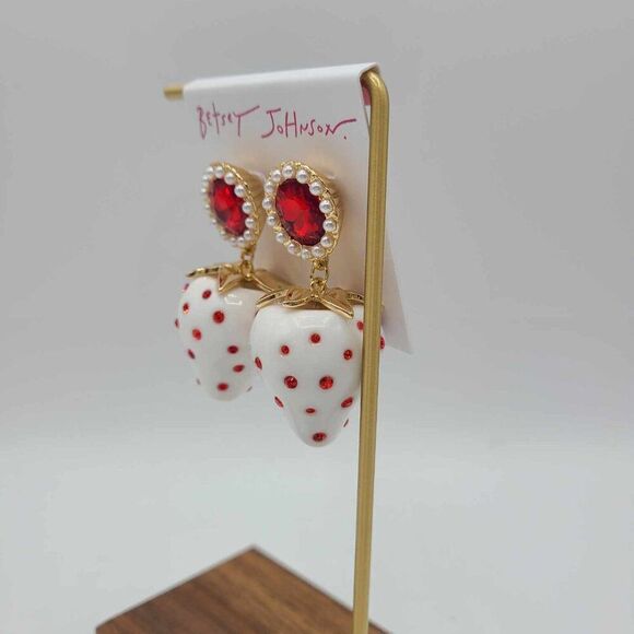 Betsey Johnson White Red Enamel Strawberry Red Crystal Earrings NWT! - Picture 4 of 8
